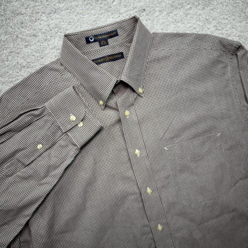 Tommy Hilfiger TLC Shirt Mens 16.5 32/33 Brown Micro Check Cotton Button Down